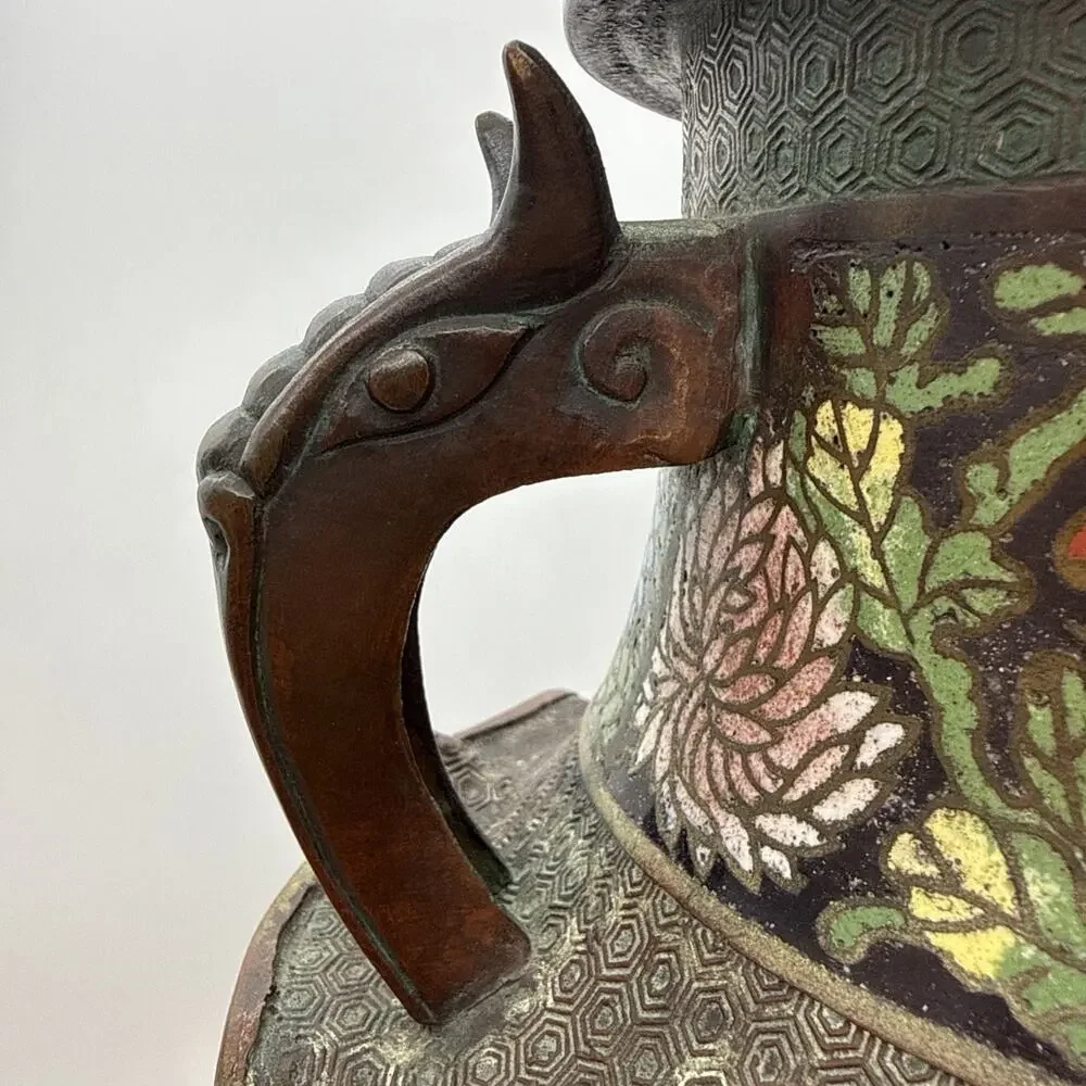 17.5” Antique Japanese Bronze Champleve Cloisonné Enamel Vase Dragon Handles ⬇️